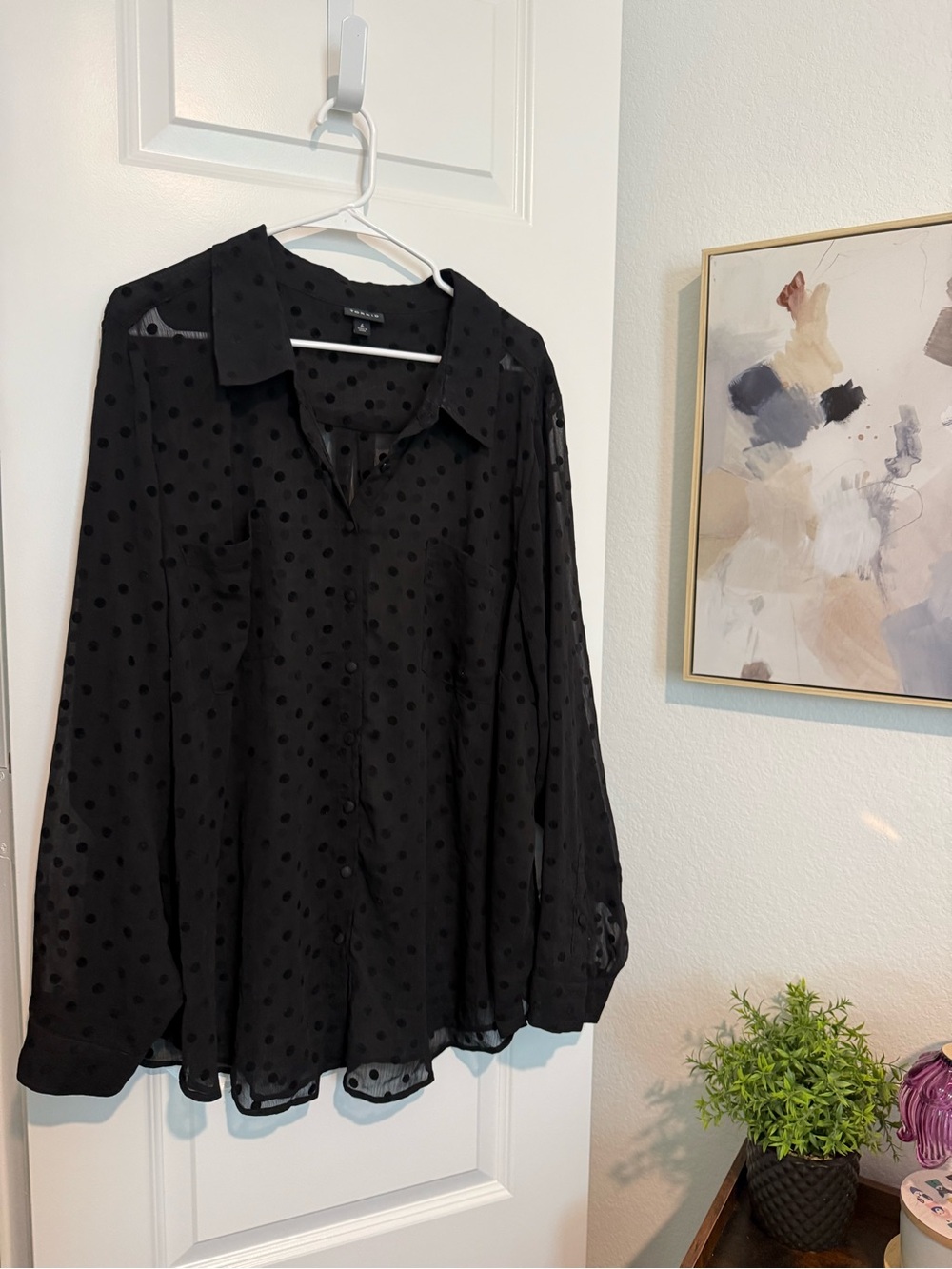 Torrid Black Sheer Dot-Print Button Blouse Size 4